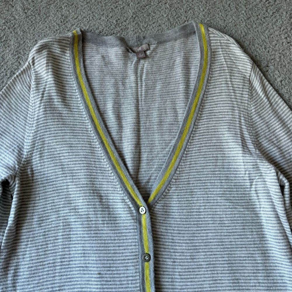 J. Jill Sweater Womens Medium Gray Striped Cardigan‎ Nylon Wool V Neck Oversized